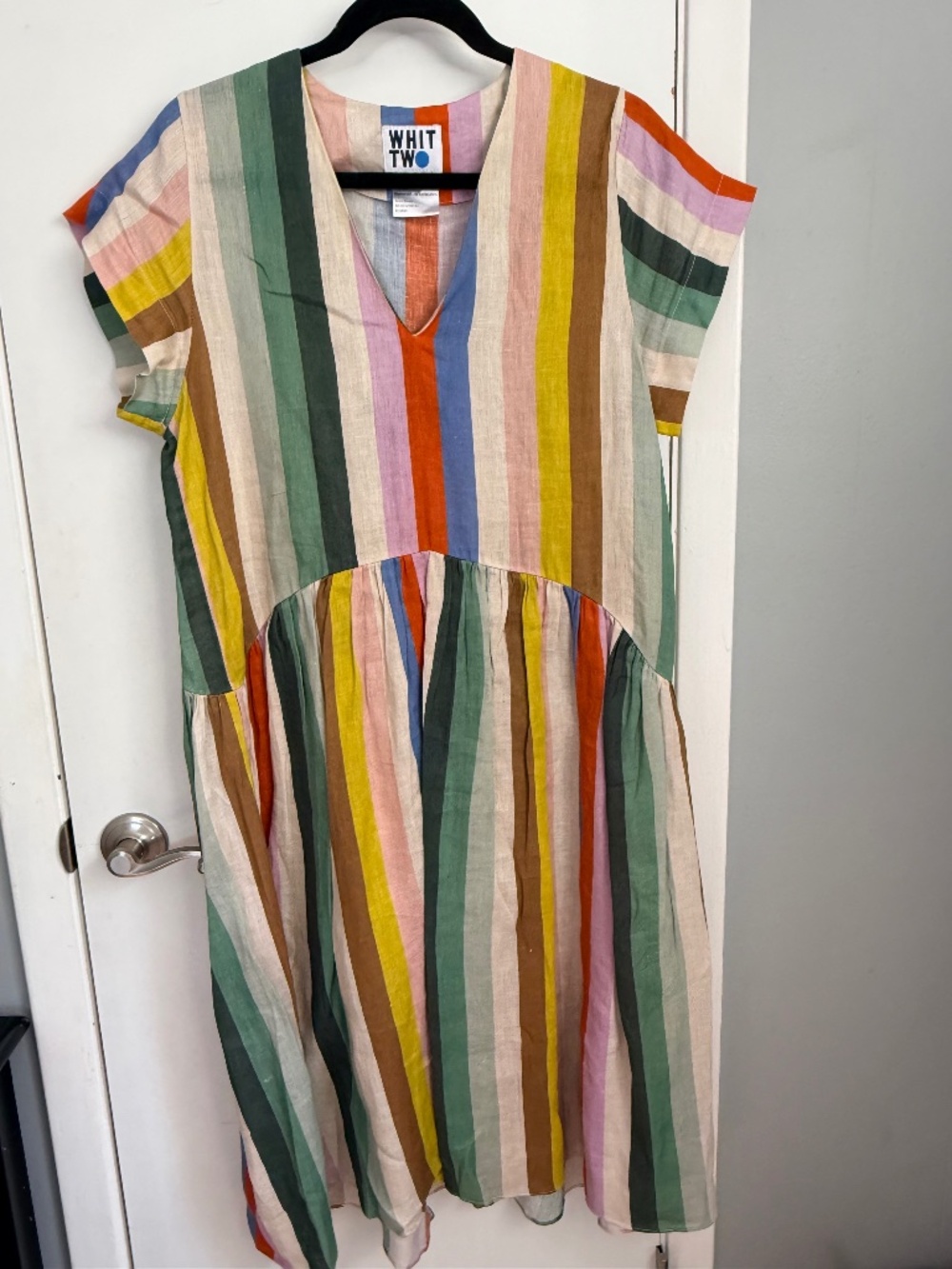 Anthropologie WHIT TWO Striped Linen Midi Dress V-Neck Colorful Size